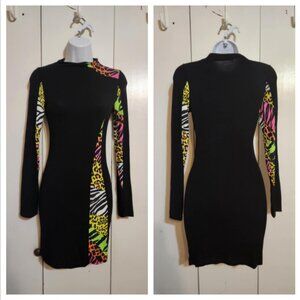 Small GoJane Black Neon Animal Print Zebra Stripe Leopard Print Bodycon Dress